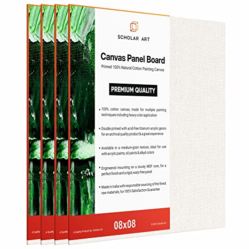 Image of Scholar Art Hobby Series 04 Oz (230 GSM) 100% Cotton Canvas Panel Board for Painting (White Blank Canvas Boards for Acrylic Paint, Oil Paint, Wet & Dry Media) | 08 inchx08 inch (20x20 cm), Pack of 4