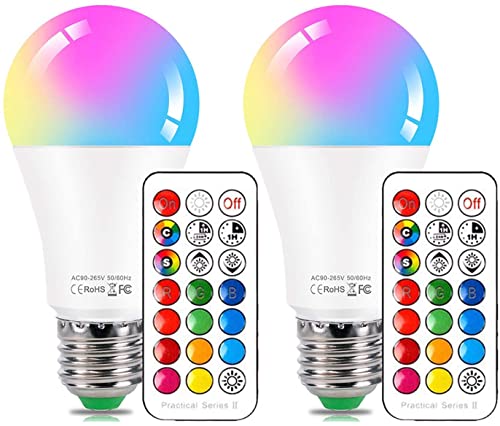 E27 Colour Changing Light Bulb 10W Dimmable RGBW LED Light Bulbs Mood Lighting with 21key Remote Control,Dual Memory Function,12 Color Choices for Home, Party, Bar, Stage Effect Lights,2-Pack