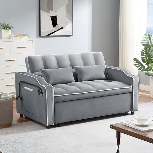 Pull Out Sleeper Sofa Bed with USB Port and Swivel Phone Stand, 3 in 1 Modern Foldable Velvet Sofa Bed with Adjustable Back,Couch Bed with Ashtray,Gray
