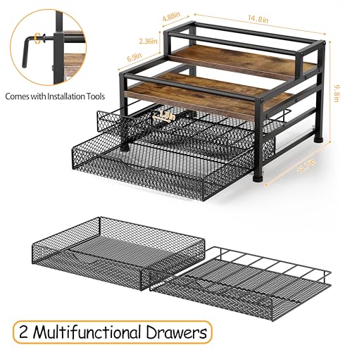 Image of 4 Tier Coffee Syrup Rack Organizer, Coffee Bar Organizer for Countertop, Coffee Station Organizer with 2 Sliding Drawers for Pods, K Cup Holder, Stirrer and Condiment, Brown