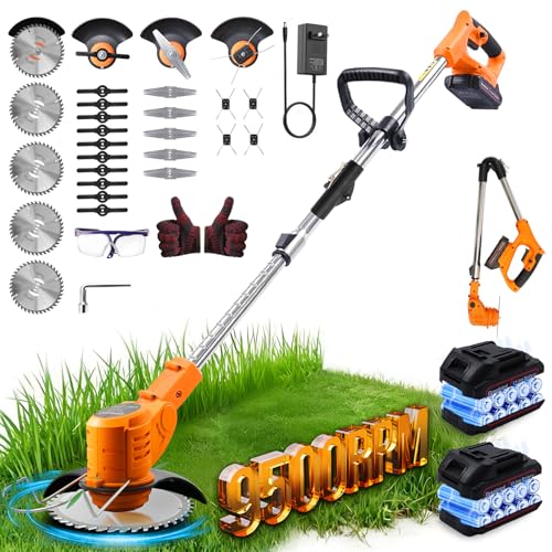 grenintol decespugliatore a batteria 21v con 2 batterie,tagliabordi regolabile 90°,decespugliatore elettrico,rasaerba portatile con 4 tipi di lame per giardino, prato, cortile ed erbacce