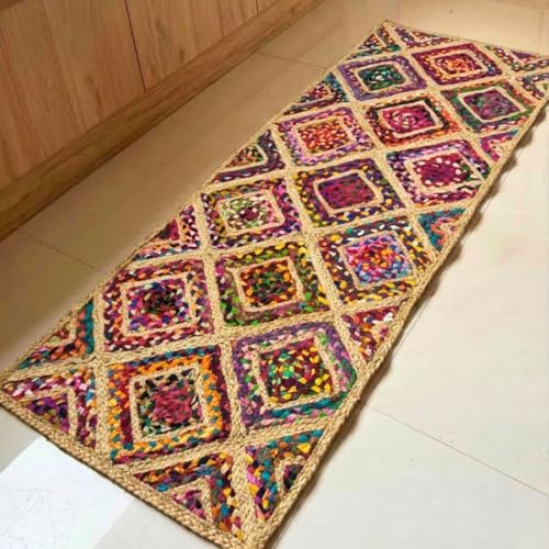 ATRANGI STUDIO Diamond Weave Jute Rug | Handwoven Braided Design Mat | Rectangular Floor Rug for Living Room, Bedroom, Reading Corner | Boho Home Decor | 20x55 inch, Multicolour