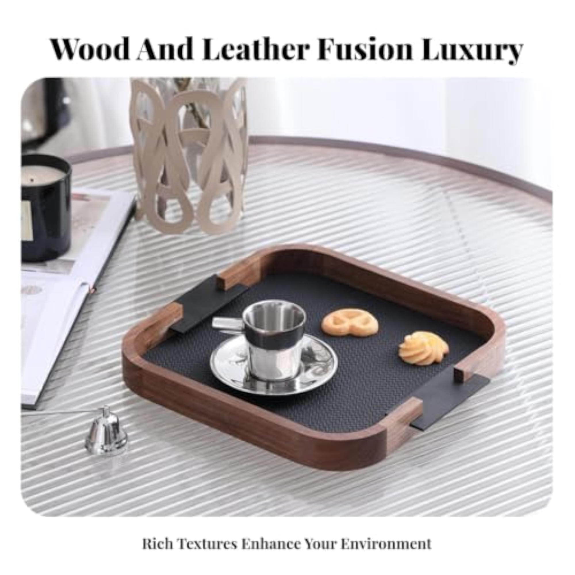 CLOVRIX® Rounded-Square Leather Edged Wood Decorative Tray