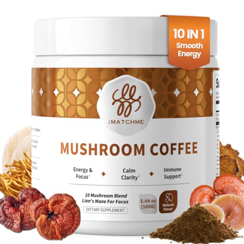 iMATCHME Mushroom Coffee, 10 Adaptogens Blend, Medium Roast, 50 Servings