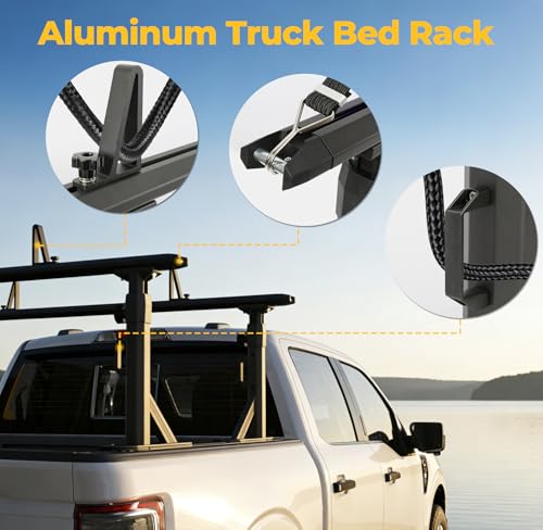 Image of TRUMGETA Adjustable Aluminum Truck Ladder Rack Fit for F150 Silverado Ram Sierra, Clamp-On No Drill Installation, Heavy Duty 1100 LBS Load Capacity, Truck Bed Rack for Ladders, Kayaks, Bikes
