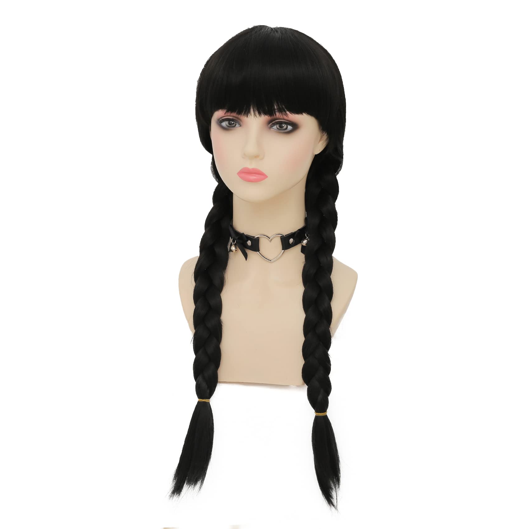 Peluca Negra De Doble Trenza Con Flequillo De 62 Cm | Ideal Para Cosplay De Miércoles Addams | Ligera Y Cómoda De Fibra PET | Perfecta Para Halloween Y Fiestas Temáticas