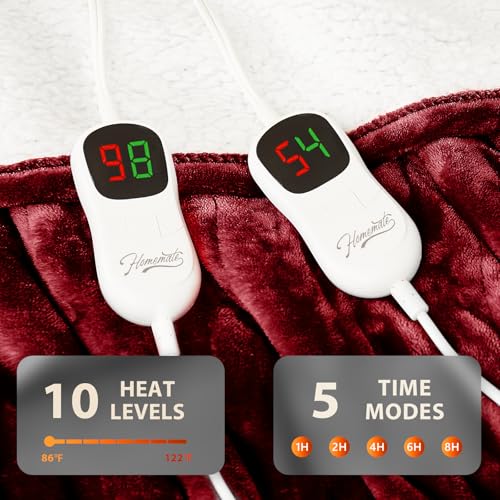 Image of Homemate Electric Heated Blanket King - 100 inchx90 inch Heating Bed Blankets Throw with 10 Heating Levels 8 Hours Auto Off Fast Heating Over-Heated Protection Ultra Soft Warm Flannel ETL Certified Red