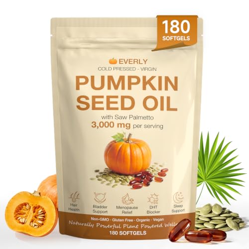 Polvaritho Everly Pumpkin Seed Oil with Saw Palmetto - 3000mg Cold-Pressed Plant-Based Complex - Vegan DHT Blocker for Hair Growth & Prostate Support - 180 Softgels (90-Day Supply)