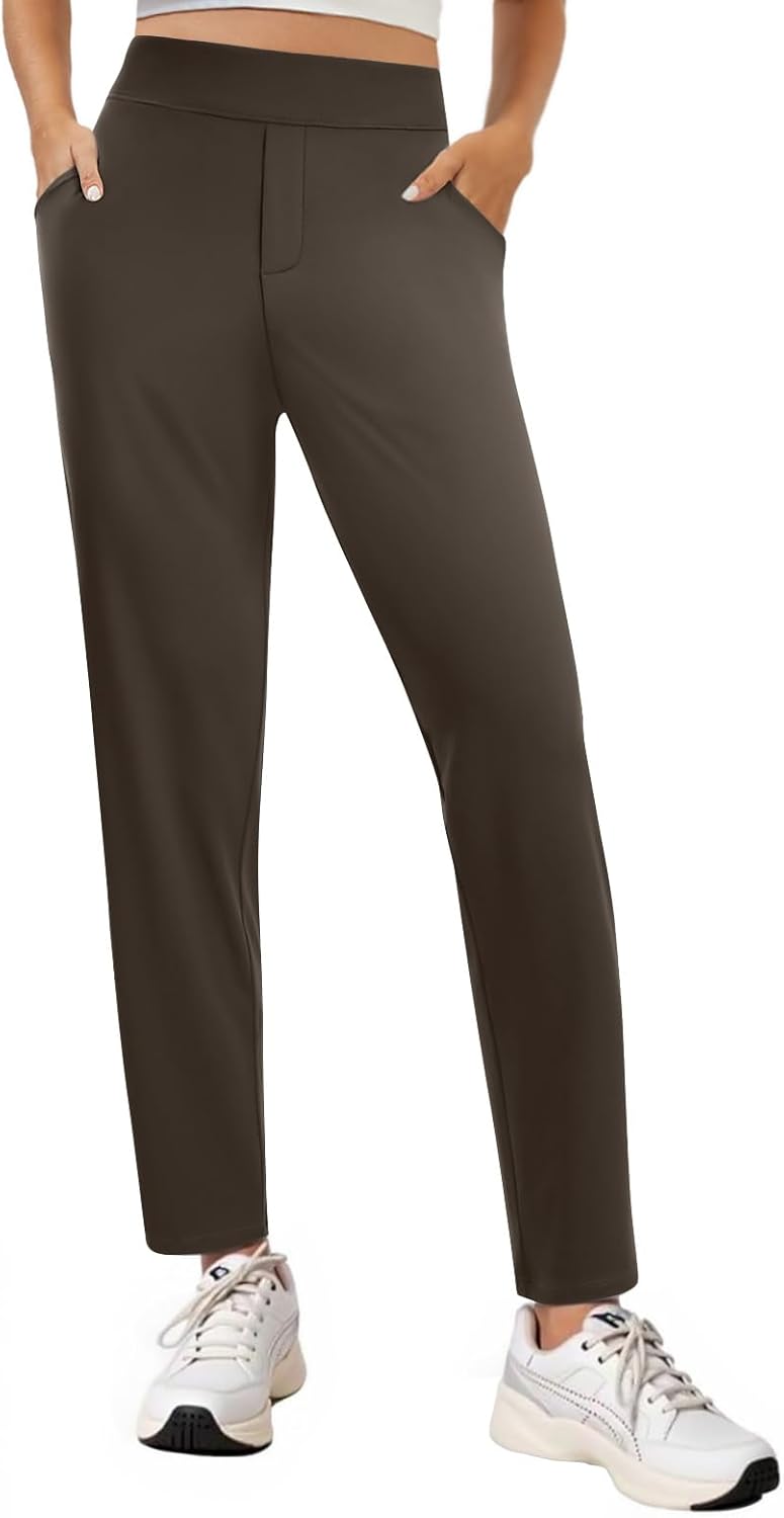 Ankle Dress Pants Women High Waisted Work Travel Pants with Pockets Stretchy Business Casual Slacks(Brown XL) - Image 2