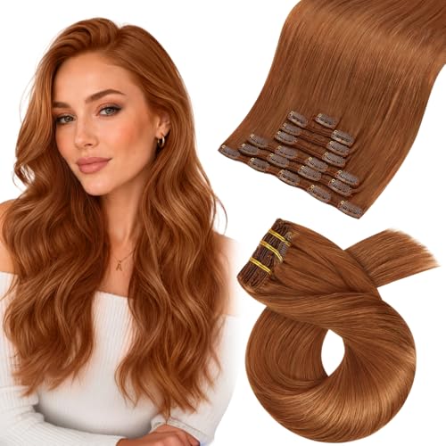 Image of Moresoo Clip in Hair Extensions Copper Orange Human Hair Photo Look 18 inch | Seamless human hair clip in extensions, warm copper ginger finish, 120g 7pcs, added length and fuller hair