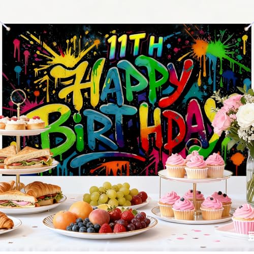 Image of Nuxovilar 11th Birthday Banner Polyester Graffiti Backdrop Decor 71 inchx43