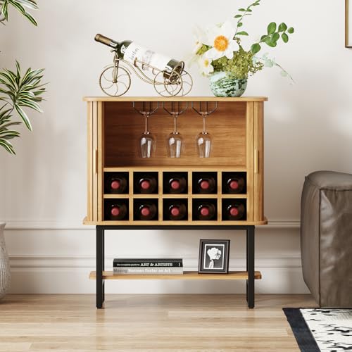 LMSXG-MZ Wine Cabinet with Storage, Liquor Cabinet with Sliding Doors & Open Wine Rack, Fluted Wine Bar Cabinet with Glass Holder, Coffee bar Cabinet for Dining Room, Living Room & Entryway (Natural)
