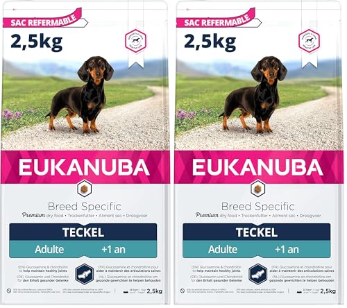 Eukanuba Breed Specific Dackel Trockenfutter - optimal auf die Rasse abgestimmtes Premium Hundefutter mit Huhn, 2,5 kg (Packung mit 2)