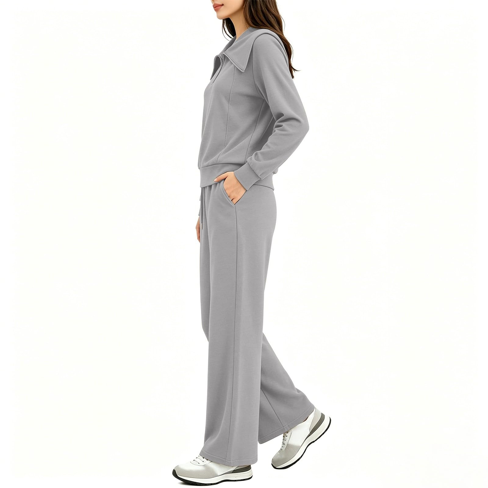 Donna Tute Cotone Felpa Oversize Con Zip a Quarto Manica Lunga Pantaloni | Completi Da Ginnastica Morbido Loungewear Tracksuit In Pile Oversize Curvy Set Felpata Da Casa Fitness Comodo Tinta Unita