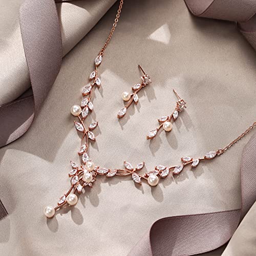 Image of EVER FAITH Wedding Cubic Zirconia Jewelry Set for Women, Marquise White Simulated Pearl Floral Vine Bridal Prom Necklace Earrings for Bride