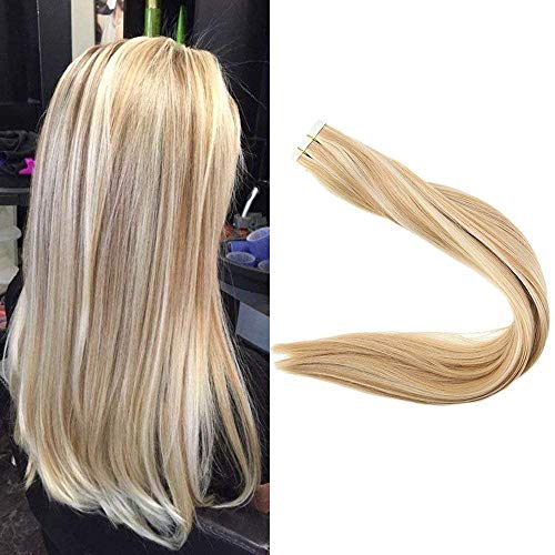 Surprise 16 Inch Real Hair Tape In Extensions Color 24 Highlighted With Color 27 Honey Blond Glue In Extensions Human Hair 20Pcs 50gram Per Package