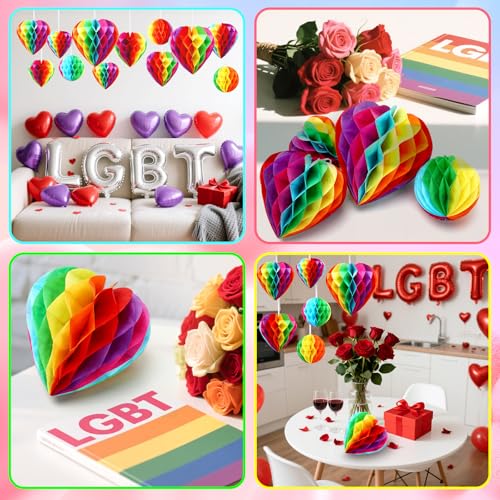 Image of BOARDFEB 12 Pcs Rainbow Pride Heart Round Paper Honeycomb Balls Pride Decorations, Heart Sshaped Honeycomb Ball Pendant Suitable for LGBT Parade Parties Celebrations Birthday Wedding Decorations