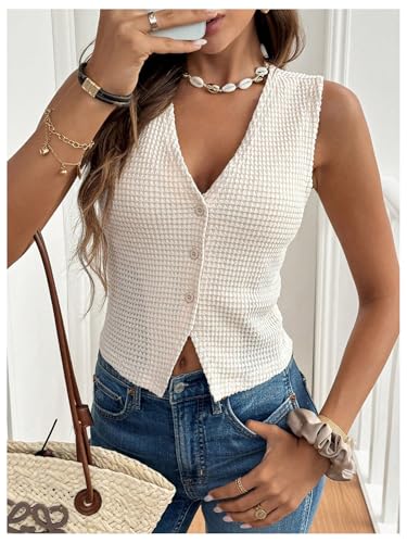 Image of GORGLITTER Women's Sleeveless Knit Sweater Vest Top Dressy Trendy Business Casual Button Up Work Blazer Vests Waistcoat Apricot Medium