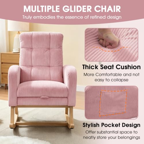 Image of NIOIIKIT Nursery Rocking Chair, Corduroy Upholstered Rocking Chair with Adjustable Footrest, Tufted Rocker Chair with Side Pocket, Glider Rocker for Living Room, Bedroom (Pink Retro)