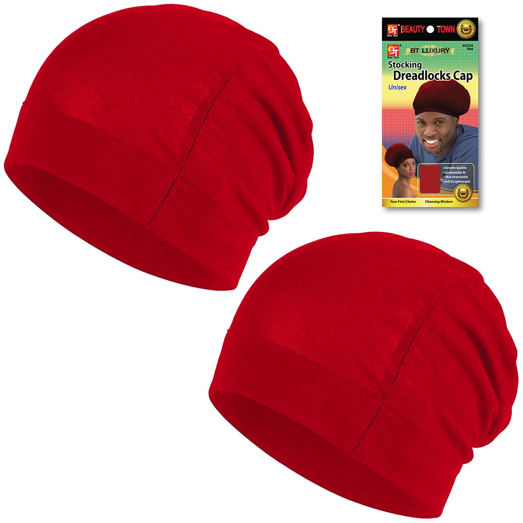 Beauty Town Dreadlock Cap for Men & Women - Large Sleeping Cap for Locs, Braids and Dreads - Soft Stretchable Stocking Cap Night Headwear Red