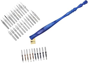 Gullor Oblique Calligraphy Dip Pen Nib Holder, Removable Nib Pen Handle Stand with 33 Nibs, Blue