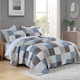 PANGUSHAN 100% Cotton Quilt Set King Size, Patchwork Plaid King Quilt Bedding Set Bedspreads, Farmhouse Lightweight Comforter Reversible Quilt, Blue/Brown Bed Spread for King Bed, 3 Pieces