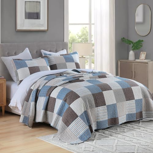 PANGUSHAN 100% Cotton Quilt Set King Size, Patchwork Plaid King Quilt Bedding Set Bedspreads, Farmhouse Lightweight Comforter Reversible Quilt, Blue/Brown Bed Spread for King Bed, 3 Pieces