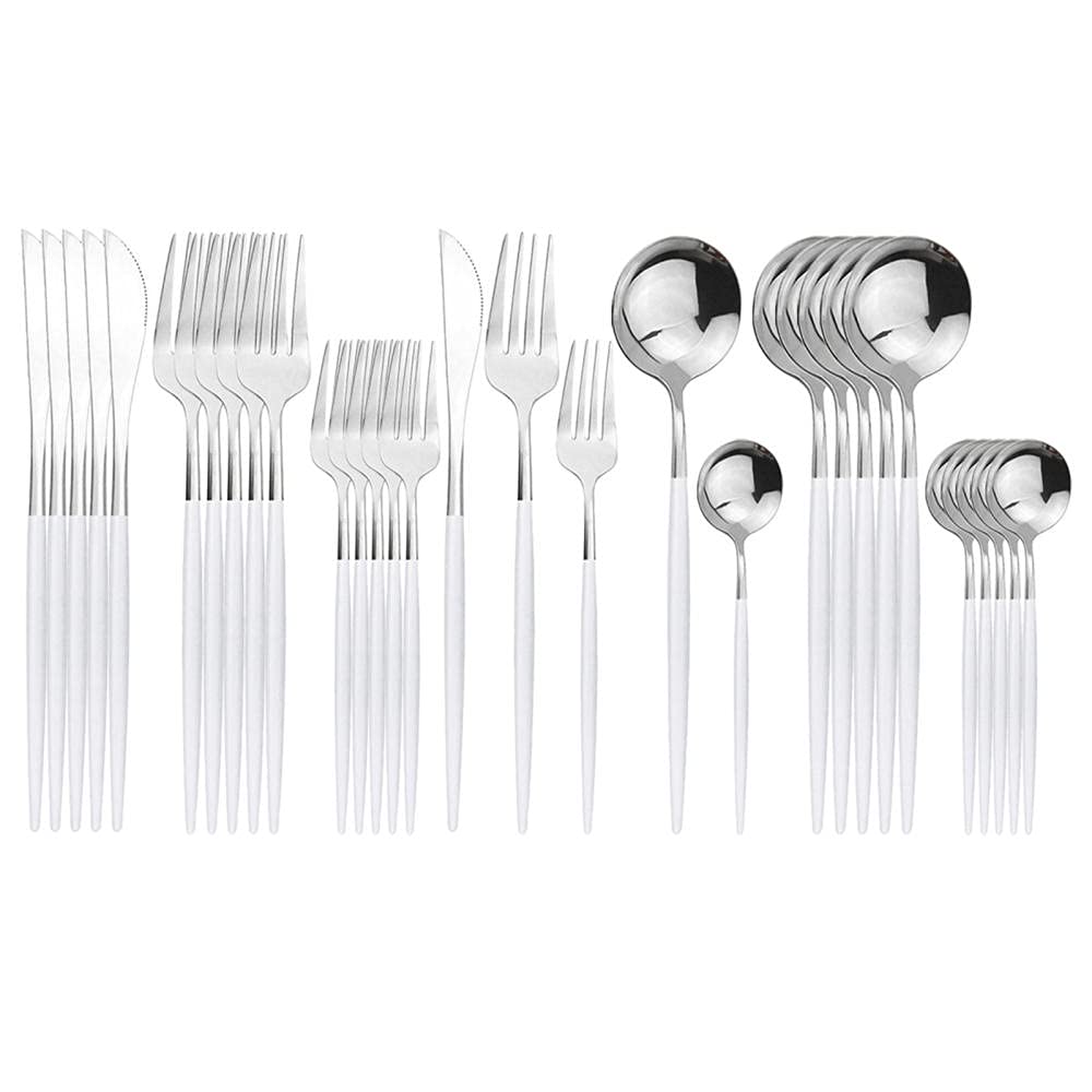 30 Stks Bestek Set Roestvrijstalen Bestekset,Spiegel Polijsten Servies Sets Multifunctioneel Gebruik voor Huis en Keuken, Service voor 6-White and silver