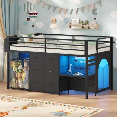 T Size Low Loft Bed with Desk & 6 Storage Drawers, Play Curtain