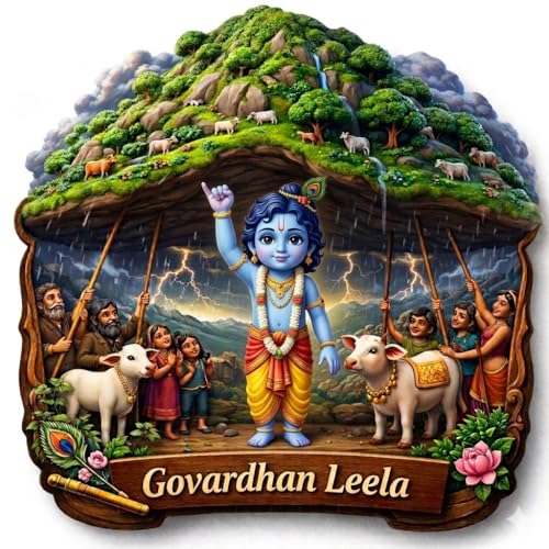 Image of Govardhan Leela Krishna Fridge Magnet, Decorative Multicolour Refrigerator Magnet, Spiritual Decor|Krishna Decorative Magnet | Full Back Magnetic Fridge Sticker | Spiritual Kitchen Decor | 3x3 Inch