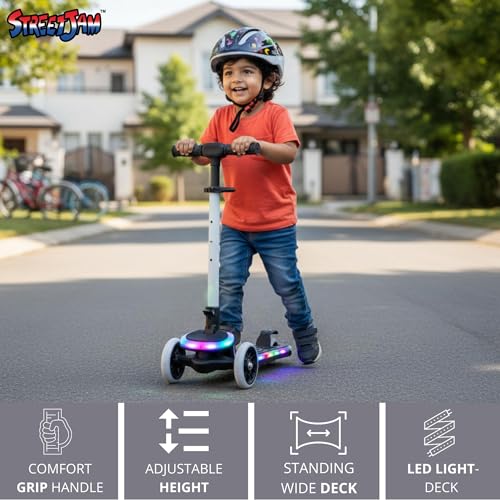 Image of STREETJAM Blinkie Kids LED Kick Scooter for 3-12 Years, LED Deck with Multiple Light Modes (1st Time in India), BIS Approved, Extra Wide Deck, Rechargeable, Up to 50 kg Load (Black with Grey)