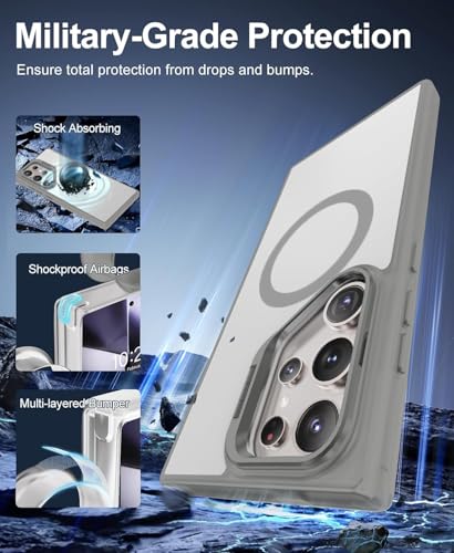 Image of DIZORO Samsung Galaxy S24 Ultra Case Compatible with Mag Safe & Wireless Charging, with Camera Stand, Military Grade Drop Tested,Translucent Hard Back Soft Edge Back Cover (Titanium)