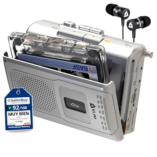 KLIM K8 Cassette Tape Player Portable - Cassette Recorder - NEW Version - AM/FM - Built-in Microphone & Speaker - Headphone Jack & Earphones - Silver
