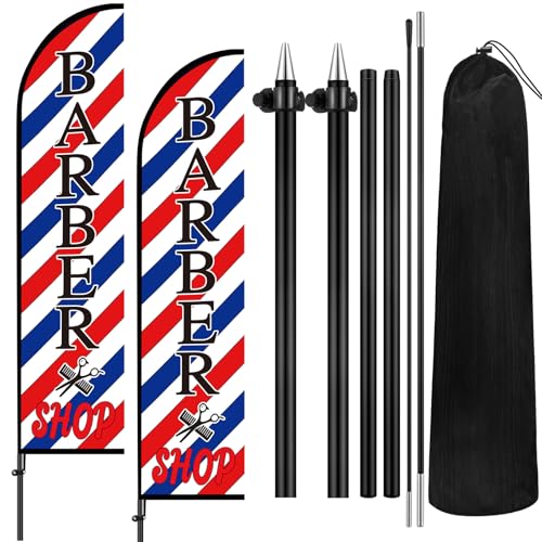 VitalCozy 2 Set Barber Flag Barbershop Themed Swooper Flag Banner with Pole Kit Open Feather Barber Sign for Salon Business Advertising Outdoor Outside(7 ft)
