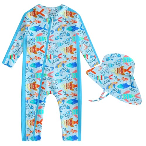 Image of UNIFACO Baby Boy Swimsuit UPF 50+ Sun Protection One Piece Zip Bathing Suit with Sun Hat Infant Sunsuit Swimwear