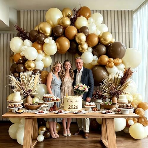 Image of Brown Balloon Arch Kit Double Stuffed Dark Tan Pearl White Sand Gold Balloon Garland for Neutral Birthday Baby Shower Gender Reveal Bridal Graduation Party Decorations