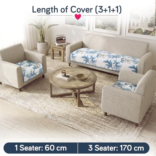Image of HOKIPO 'Homehues Series' Printed Quilted Sofa Cover Mat for 5 Seater Set - Celadon Blue Camellia (IN-806 * 2 + IN-809 - D8)