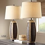 Parker Rustic Farmhouse Table Lamps Set of 2 with USB Port Hammered Oil Rubbed Bronze Wood Accents Oatmeal Tapered Drum Shade for Living Room Bedroom Bedside Nightstand Office Family - John Timberland