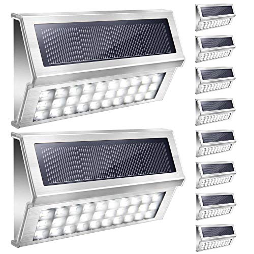 JACKYLED 10 Pack Solar Step Lights Outdoor 30 Bright LED Cool White Stainless Steel Solar Fence Lights with 1600mAh Battery Waterproof Dusk to Dawn LED Deck Lights for Stair Yard (White Light)