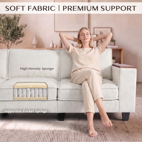 Image of 97 inch 5 Seat V-Shaped Sectional Couch, Modern Comfy Chenille Corner Sofa, Modular Convertible L-Shaped Couch, Convertible Sofa with Storage Armrests & 2 Pillows, Sectional Couches for Living Room, Beige