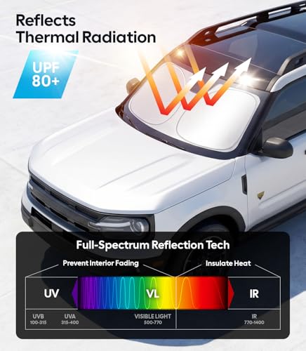 Image of Wigoo for Ford Bronco Sport Windshield Sunshade [OEM Design, 100% Sun Blockage] Foldable Heat Insulation Sun Shade with Storage Bag, for Ford Bronco Sport (2021-2026), Silver Coating