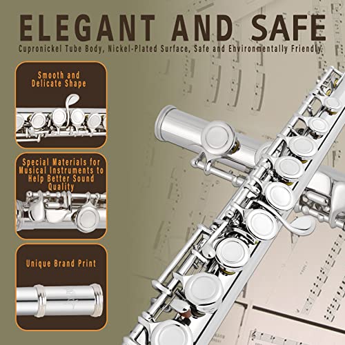 Vanphy Flutes Closed Hole C For Beginners Kids Student, 16 Keys Nickel-Plated Flutes - Musical Instrument With Case, Stand, Cleaning Cloth, Gloves, Tuning Rod (Silver) #TOP1