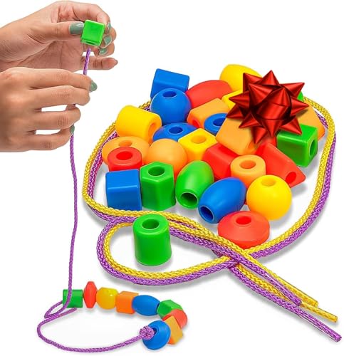 Skoolzy Lacing Beads 30 Pcs for Montessori Toys for 3 Year Old and Toddler Crafts Ages 2-4 with Beads for Kids Learning and Travel Activities Fine Motor Skills Toys