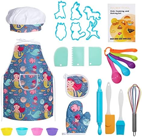 Clheatky Set Grembiule Cucina Bambini, Cuoco per Bambini Kit con Cappello Guanto e Coperture per Biscotti, Chef Gioco di Ruolo per Bambini 3-7 Anni, Ideale Regalo di Compleanno e Natale Halloween