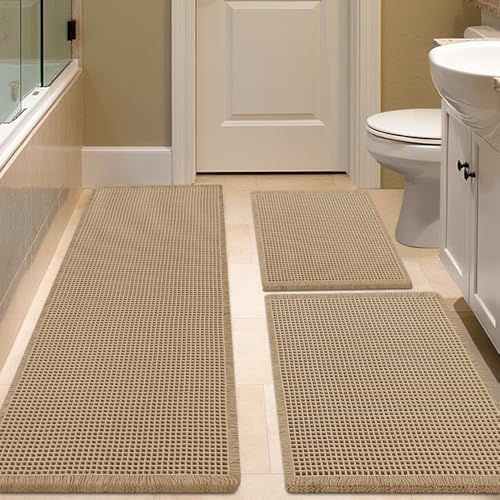 IM HOME Waffle Bath Mat Set 3 Piece Beige,Woven Modern Bath Rug Mats, Absorbent Non Slip Bath Floor Mat, Soft Washable Boho Bath Rugs with Tassels for Bathroom, Bedroom, Kitchen,Tub