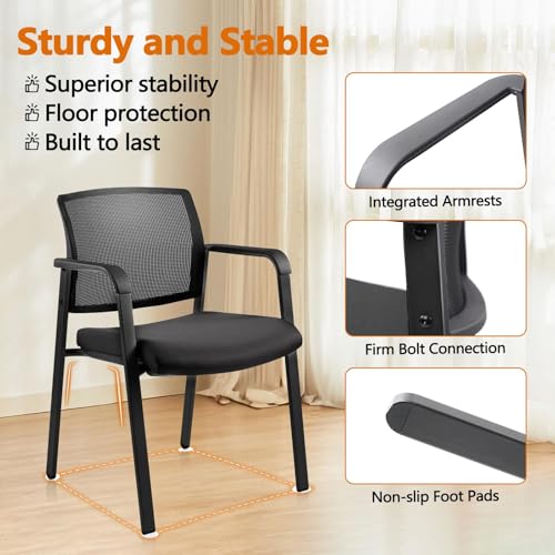 Image of CLATINA Guest Reception Stacking Office Chairs with Arm, Mesh Back Waiting Room Chair with Upholstered Fabric Seat and Ergonomic Lumbar Support for Office Conference School Church, Black-2 Pack