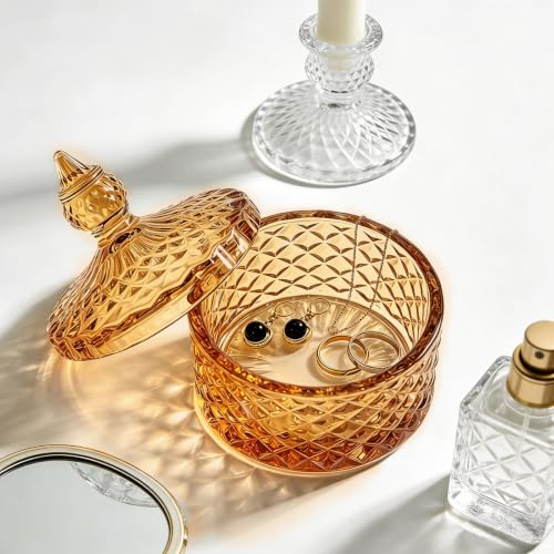 Glass Jewelry Box, Crystal Candy Dish with Lid, Ring Box, Small Trinket Dish, Jewelry Organizer Dish with Lid, Decorative Jewelry Bowls for Home Decor, Birthday Gifts for Women (Diamond-amber) - Image 5
