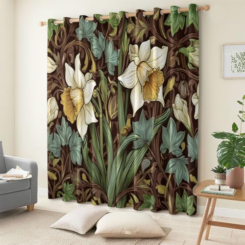 Genérico Cachemira Cortinas Opacas Plantas Flores Narcisos Enredaderas,140 x 260 cm (2 Paneles), con Ojales - Tratamientos de Ventana Estampados para Dormitorio o Sala de Estar