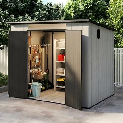 Domi 6x8FT Resin Outdoor Storage Shed with Sloping Roof, Waterproof Outside Sheds with Windows & Vents, Heavy-Duty Plastic Tool Storage Shed for Patio Furniture, Lawn Mower, Bike