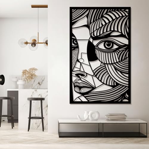 Décoration murale métal visage femme abstrait noir moderne 60x90 salon chambre